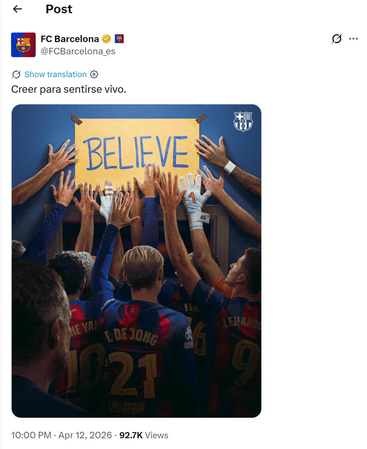 开云-传递逆转信念，巴萨社媒：唯有相信，才能感受到生命的跃动